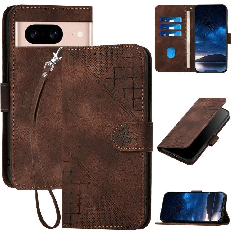 For Google Pixel 8a Grid Butterfly Embossed Pattern Leather Phone Case with Lanyard(Coffee)