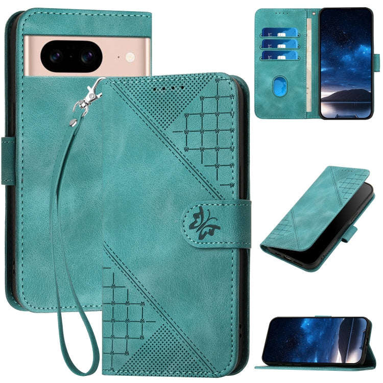 For Google Pixel 8a Grid Butterfly Embossed Pattern Leather Phone Case with Lanyard(Light Blue)