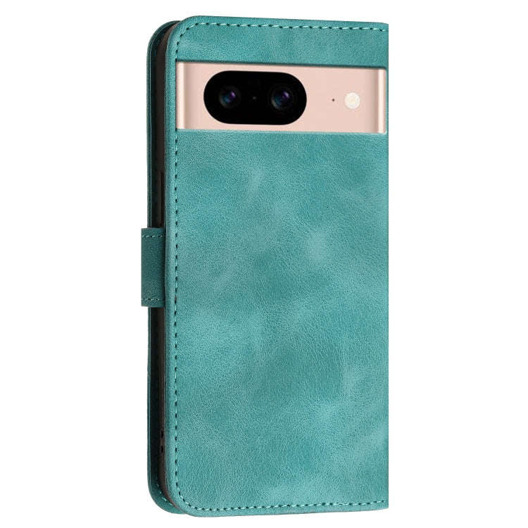 For Google Pixel 8a Grid Butterfly Embossed Pattern Leather Phone Case with Lanyard(Light Blue)