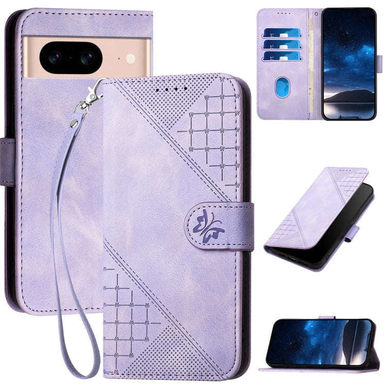 For Google Pixel 8a Grid Butterfly Embossed Pattern Leather Phone Case with Lanyard(Light Purple)