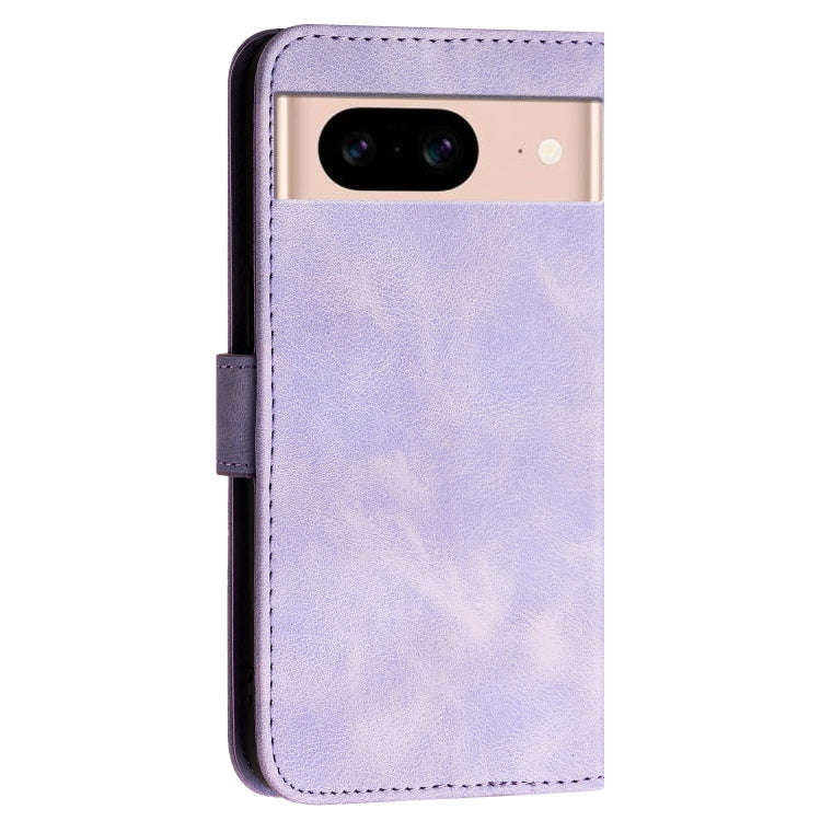For Google Pixel 8a Grid Butterfly Embossed Pattern Leather Phone Case with Lanyard(Light Purple)
