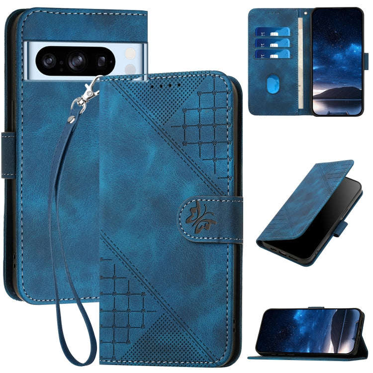 For Google Pixel 8 Pro Grid Butterfly Embossed Pattern Leather Phone Case with Lanyard(Dark Blue)