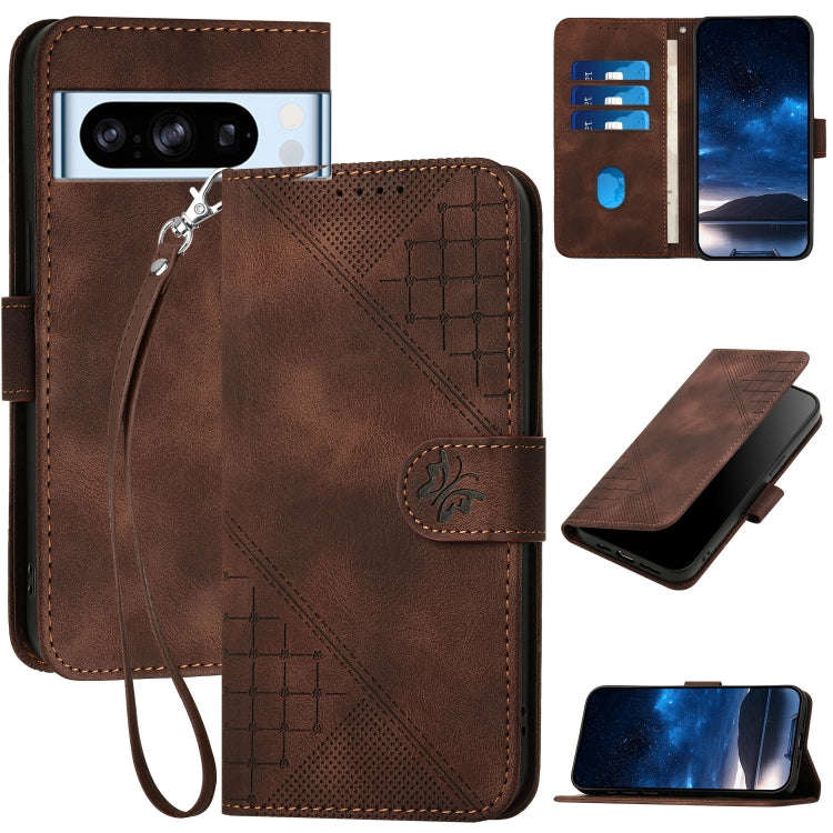 For Google Pixel 8 Pro Grid Butterfly Embossed Pattern Leather Phone Case with Lanyard(Coffee)