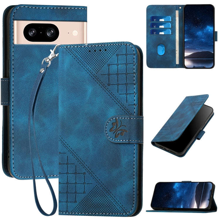 For Google Pixel 8 Grid Butterfly Embossed Pattern Leather Phone Case with Lanyard(Dark Blue)