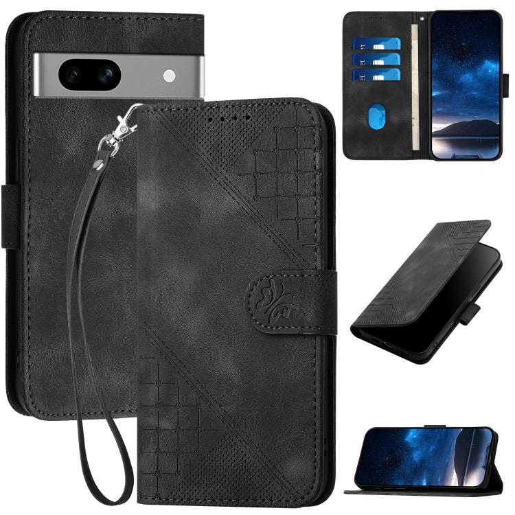 For Google Pixel 7a Grid Butterfly Embossed Pattern Leather Phone Case with Lanyard(Black)