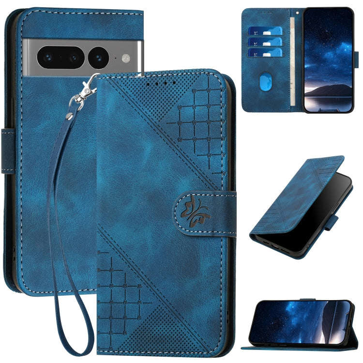 For Google Pixel 7 Pro 5G Grid Butterfly Embossed Pattern Leather Phone Case with Lanyard(Dark Blue)