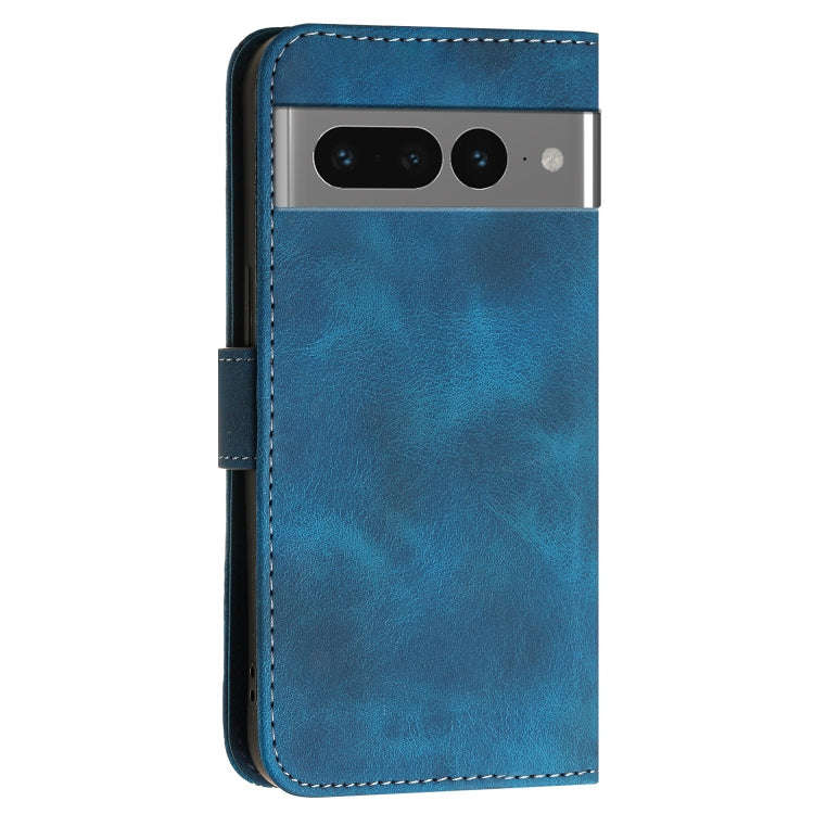 For Google Pixel 7 Pro 5G Grid Butterfly Embossed Pattern Leather Phone Case with Lanyard(Dark Blue)