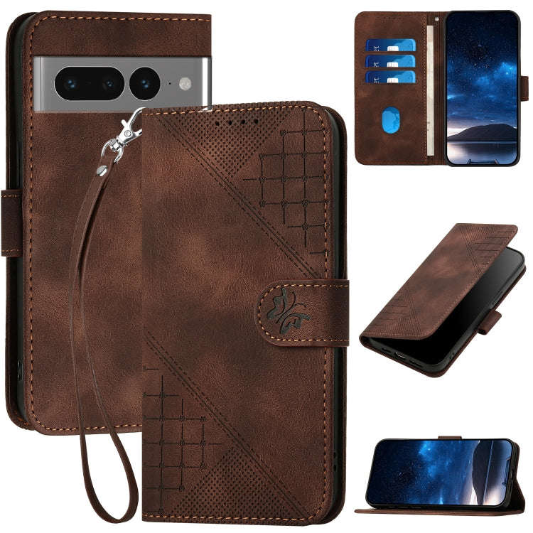 For Google Pixel 7 Pro 5G Grid Butterfly Embossed Pattern Leather Phone Case with Lanyard(Coffee)