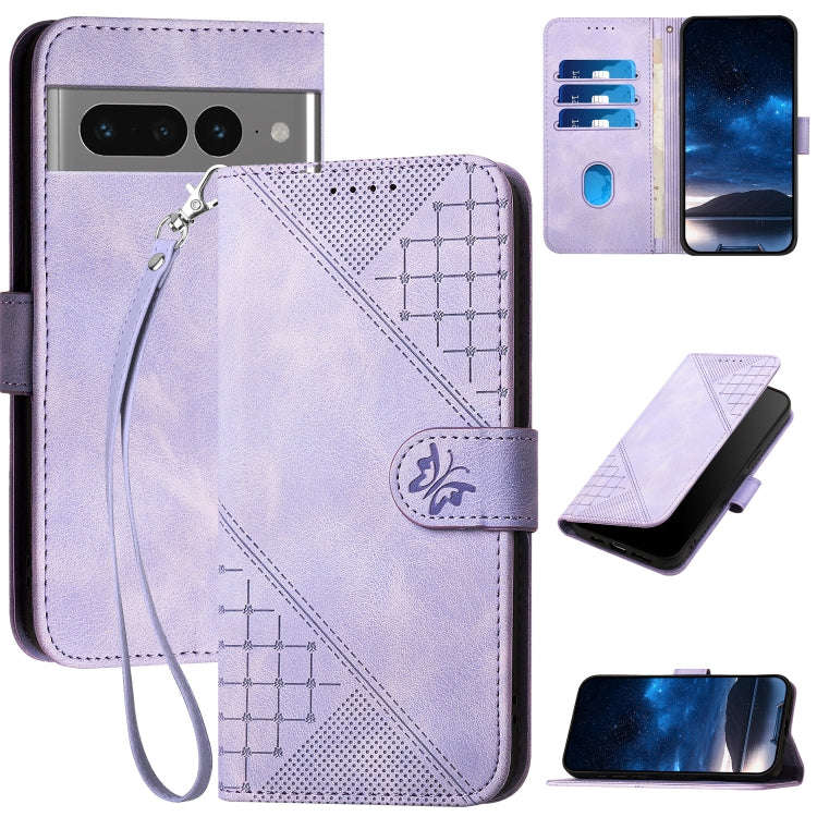 For Google Pixel 7 Pro 5G Grid Butterfly Embossed Pattern Leather Phone Case with Lanyard(Light P...