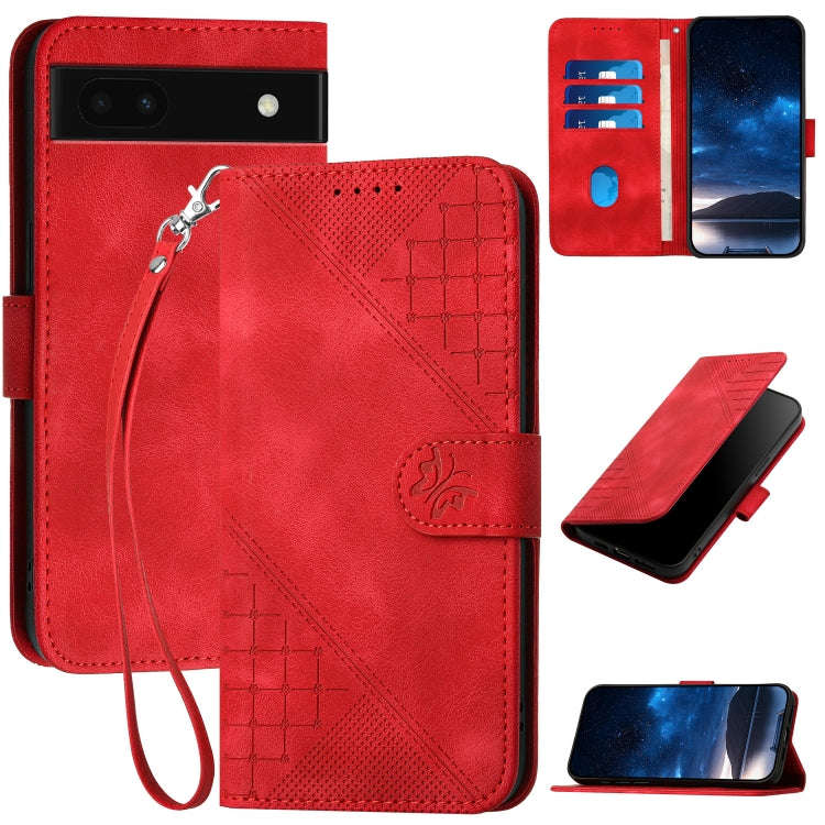 For Google Pixel 6a Grid Butterfly Embossed Pattern Leather Phone Case with Lanyard(Red)