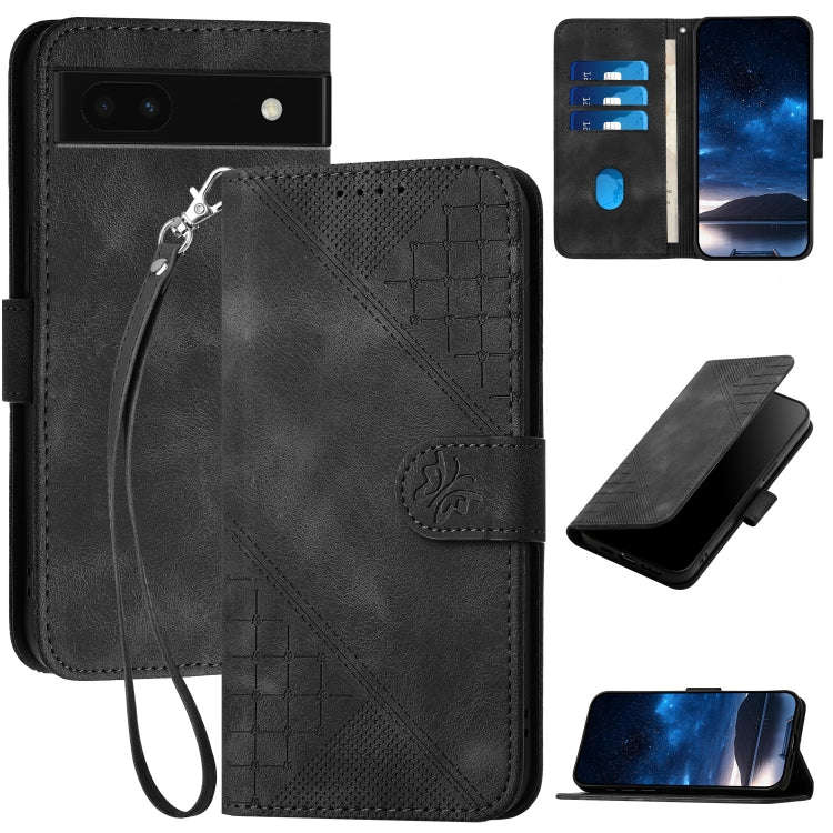For Google Pixel 6a Grid Butterfly Embossed Pattern Leather Phone Case with Lanyard(Black)