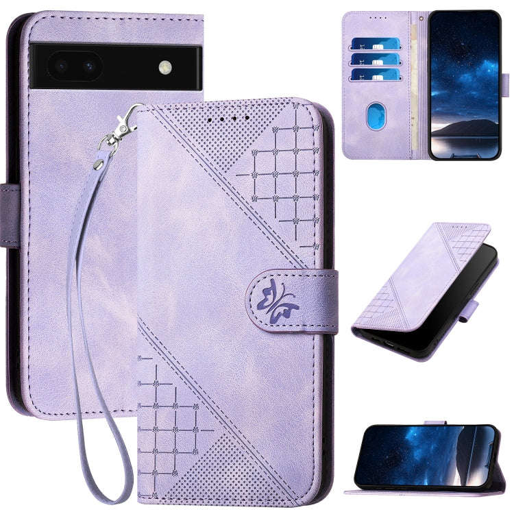 For Google Pixel 6a Grid Butterfly Embossed Pattern Leather Phone Case with Lanyard(Light Purple)