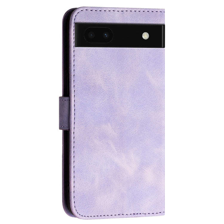 For Google Pixel 6a Grid Butterfly Embossed Pattern Leather Phone Case with Lanyard(Light Purple)