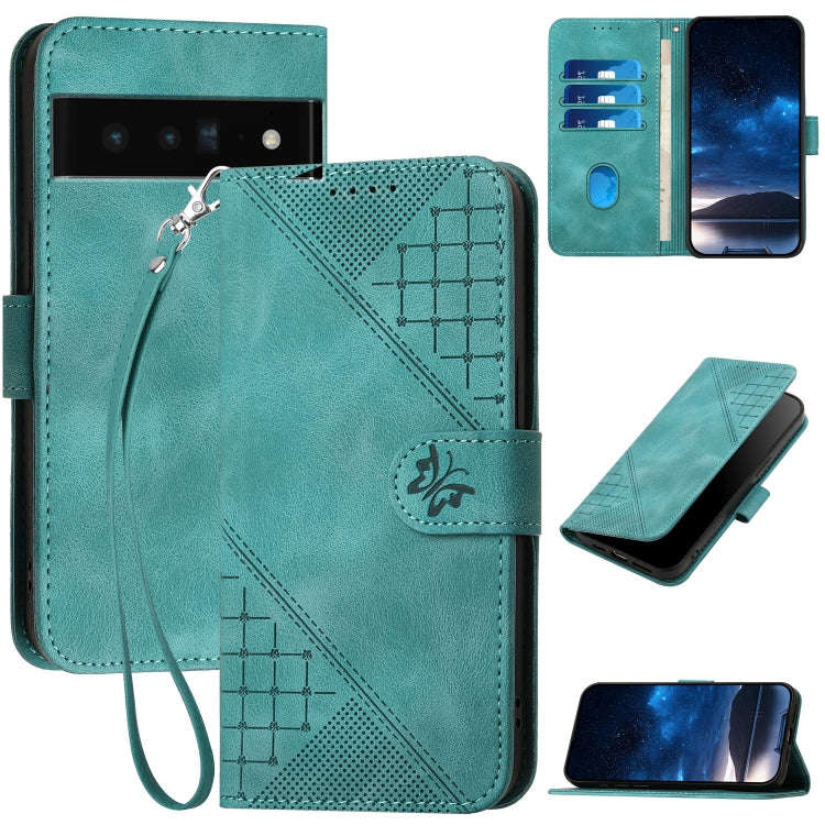 For Google Pixel 6 Pro Grid Butterfly Embossed Pattern Leather Phone Case with Lanyard(Light Blue)