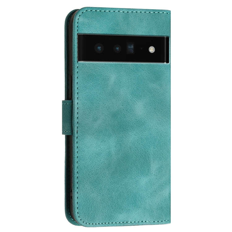 For Google Pixel 6 Pro Grid Butterfly Embossed Pattern Leather Phone Case with Lanyard(Light Blue)