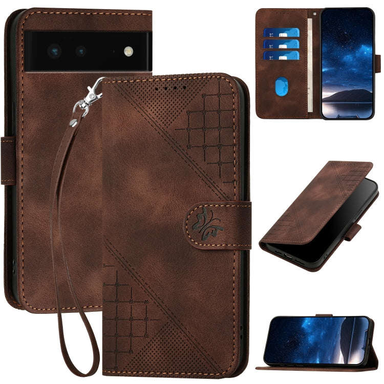 For Google Pixel 6 Grid Butterfly Embossed Pattern Leather Phone Case with Lanyard(Coffee)