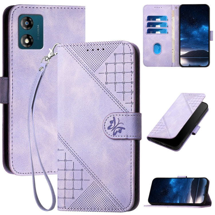 For Motorola Moto E13 Grid Butterfly Embossed Pattern Leather Phone Case with Lanyard(Light Purple)
