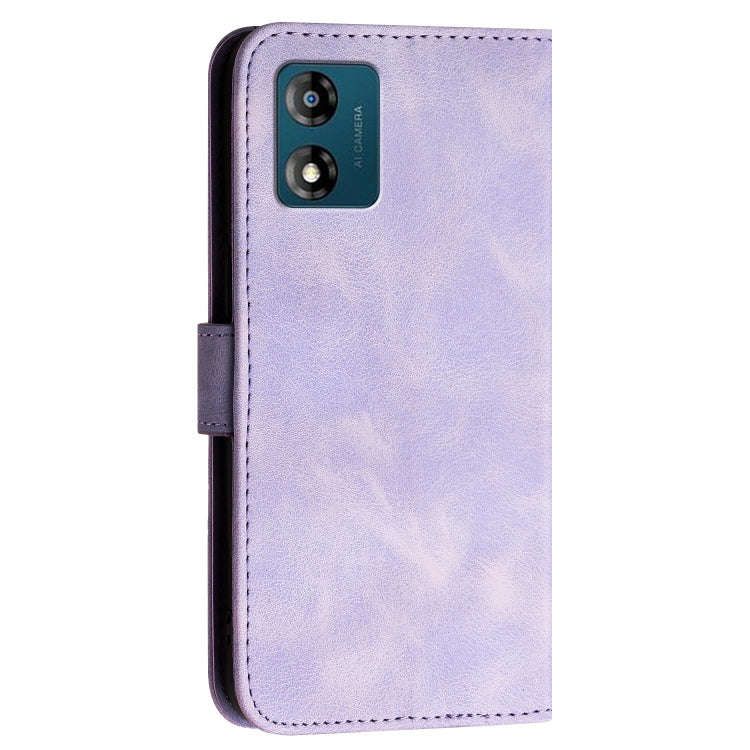 For Motorola Moto E13 Grid Butterfly Embossed Pattern Leather Phone Case with Lanyard(Light Purple)