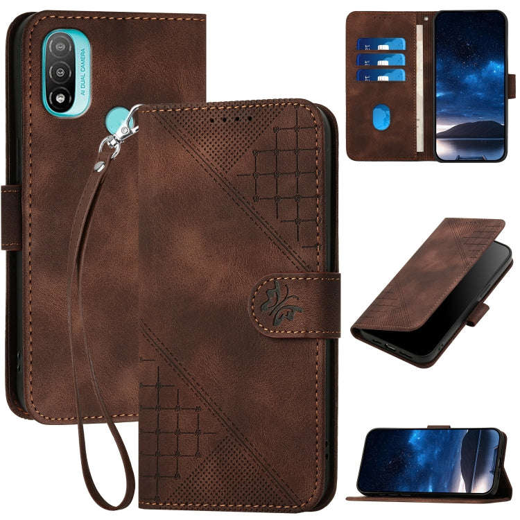 For Motorola Moto E20 4G Grid Butterfly Embossed Pattern Leather Phone Case with Lanyard(Coffee)