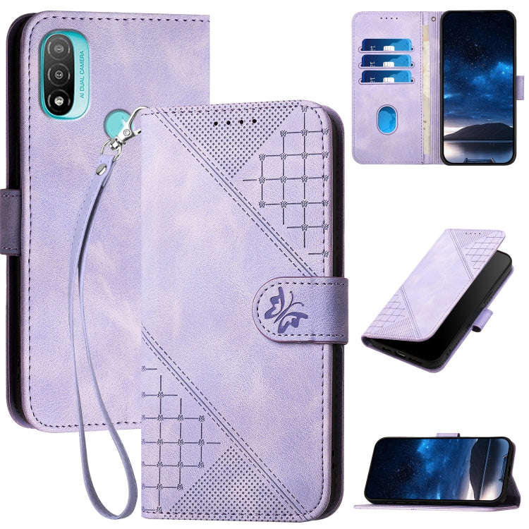 For Motorola Moto E20 4G Grid Butterfly Embossed Pattern Leather Phone Case with Lanyard(Light Pu...