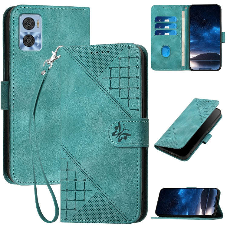 For Motorola Moto E22 Grid Butterfly Embossed Pattern Leather Phone Case with Lanyard(Light Blue)