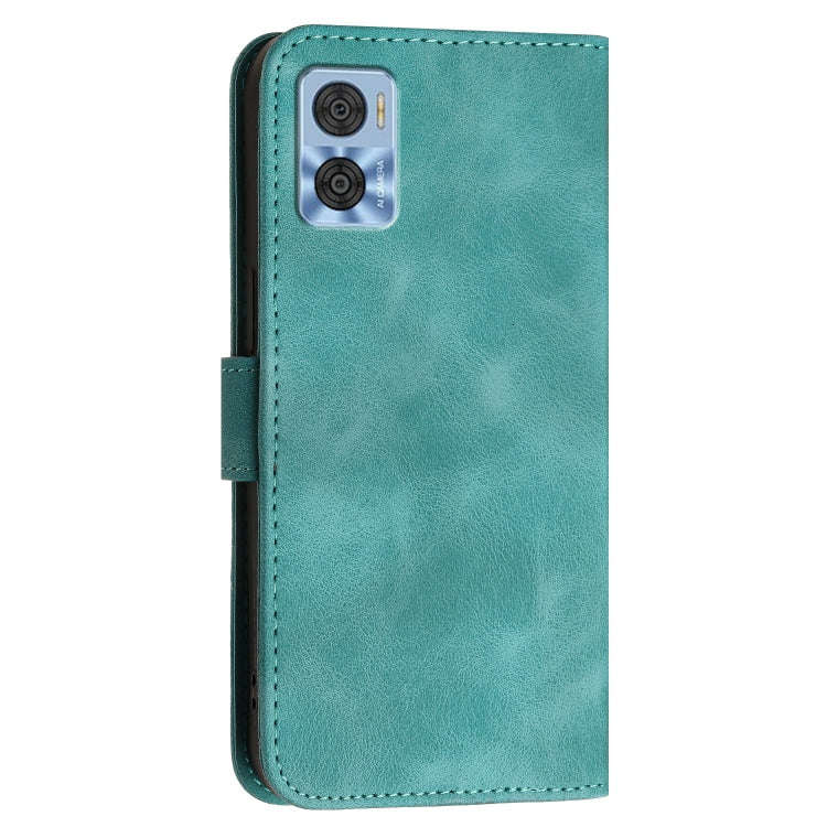 For Motorola Moto E22 Grid Butterfly Embossed Pattern Leather Phone Case with Lanyard(Light Blue)