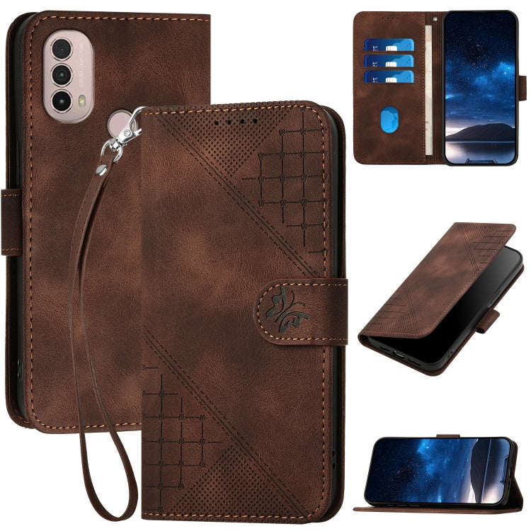 For Motorola Moto E40 / E30 Grid Butterfly Embossed Pattern Leather Phone Case with Lanyard(Coffee)