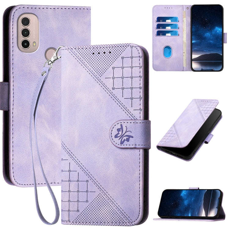 For Motorola Moto E40 / E30 Grid Butterfly Embossed Pattern Leather Phone Case with Lanyard(Light...