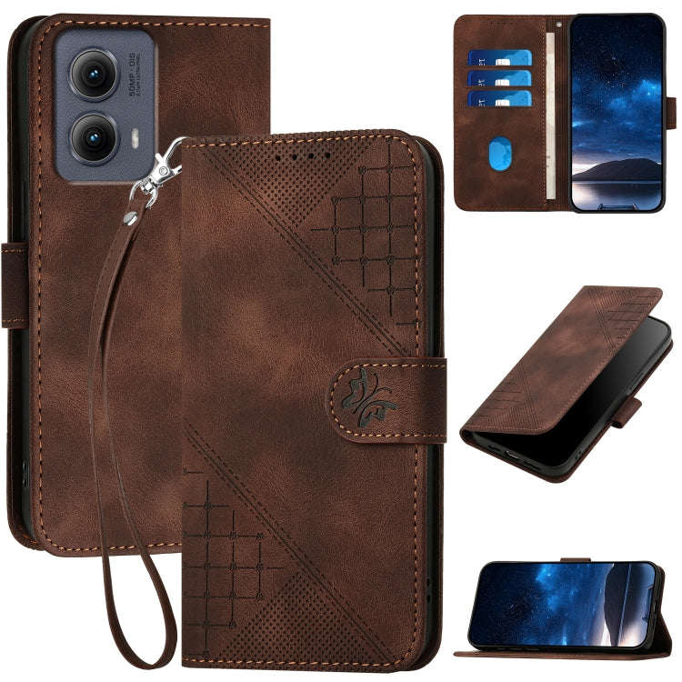 For Motorola Edge 2024 5G Global Grid Butterfly Embossed Pattern Leather Phone Case with Lanyard(...
