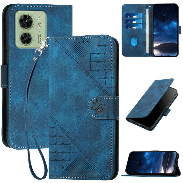 For Motorola Edge 40 Grid Butterfly Embossed Pattern Leather Phone Case with Lanyard(Dark Blue)