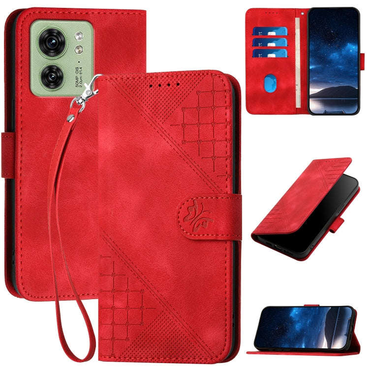 For Motorola Edge 40 Grid Butterfly Embossed Pattern Leather Phone Case with Lanyard(Red)