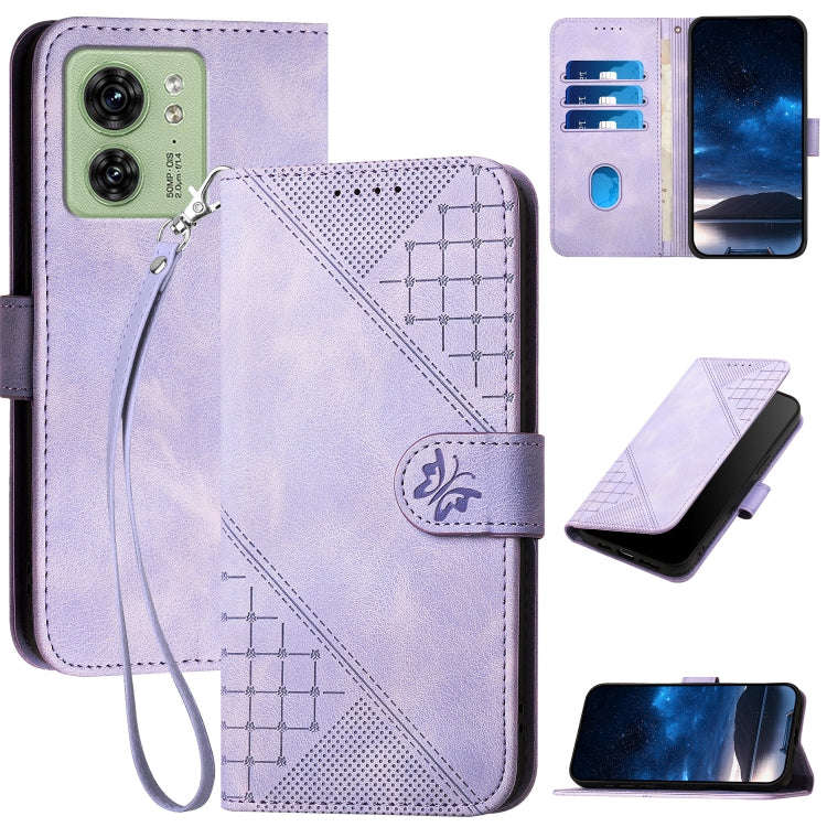 For Motorola Edge 40 Grid Butterfly Embossed Pattern Leather Phone Case with Lanyard(Light Purple)