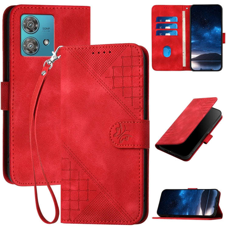 For Motorola Edge 40 Neo 5G Grid Butterfly Embossed Pattern Leather Phone Case with Lanyard(Red)