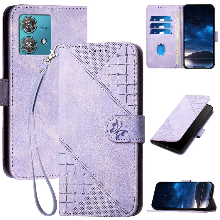For Motorola Edge 40 Neo 5G Grid Butterfly Embossed Pattern Leather Phone Case with Lanyard(Light...