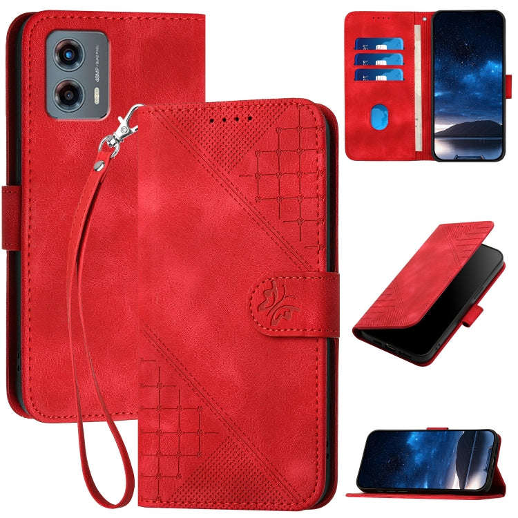 For Motorola Moto G 2023 5G Grid Butterfly Embossed Pattern Leather Phone Case with Lanyard(Red)