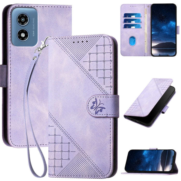 For Motorola Moto G Play 4G 2024 Grid Butterfly Embossed Pattern Leather Phone Case with Lanyard(...