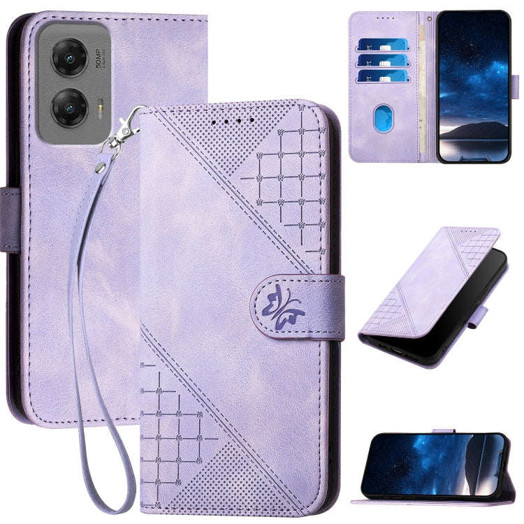 For Motorola Moto G Stylus 5G 2024 Grid Butterfly Embossed Pattern Leather Phone Case with Lanyar...