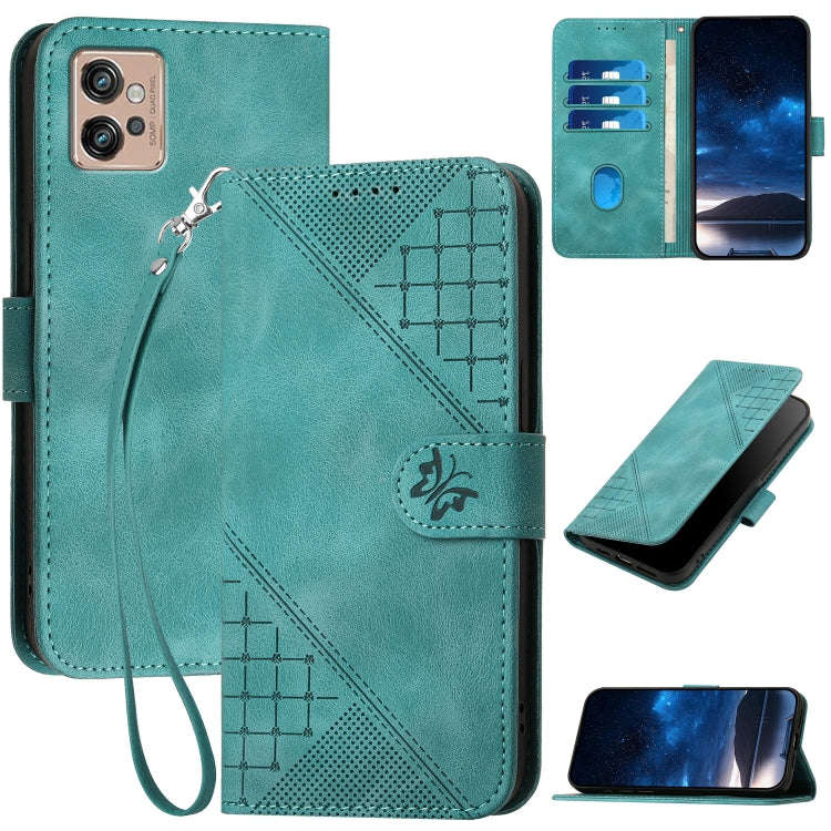 For Motorola Moto G32 Grid Butterfly Embossed Pattern Leather Phone Case with Lanyard(Light Blue)