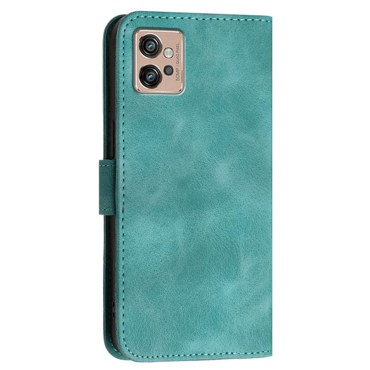 For Motorola Moto G32 Grid Butterfly Embossed Pattern Leather Phone Case with Lanyard(Light Blue)