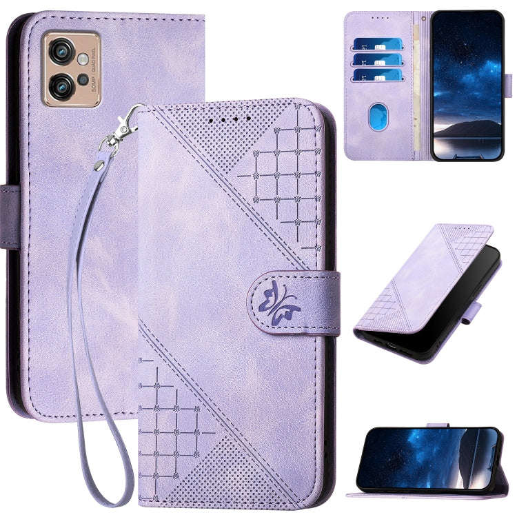 For Motorola Moto G32 Grid Butterfly Embossed Pattern Leather Phone Case with Lanyard(Light Purple)