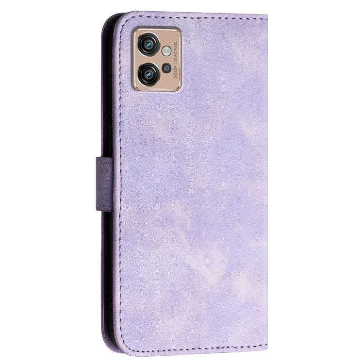 For Motorola Moto G32 Grid Butterfly Embossed Pattern Leather Phone Case with Lanyard(Light Purple)