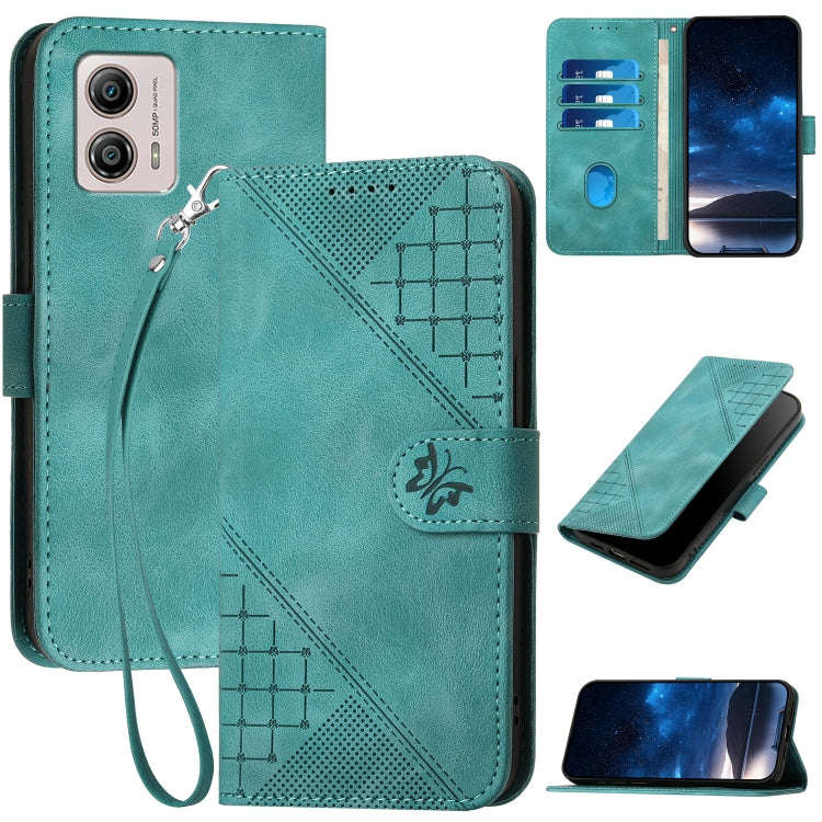 For Motorola Moto G53 / G13 / G23 Grid Butterfly Embossed Pattern Leather Phone Case with Lanyard...