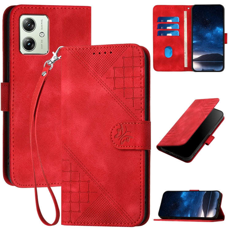 For Motorola Moto G54 5G Global Grid Butterfly Embossed Pattern Leather Phone Case with Lanyard(Red)