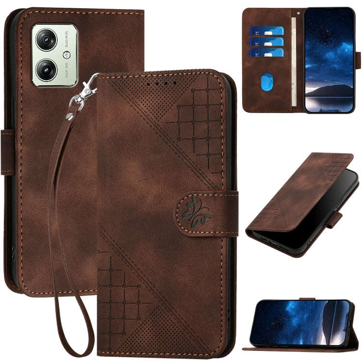 For Motorola Moto G54 5G Global Grid Butterfly Embossed Pattern Leather Phone Case with Lanyard(C...