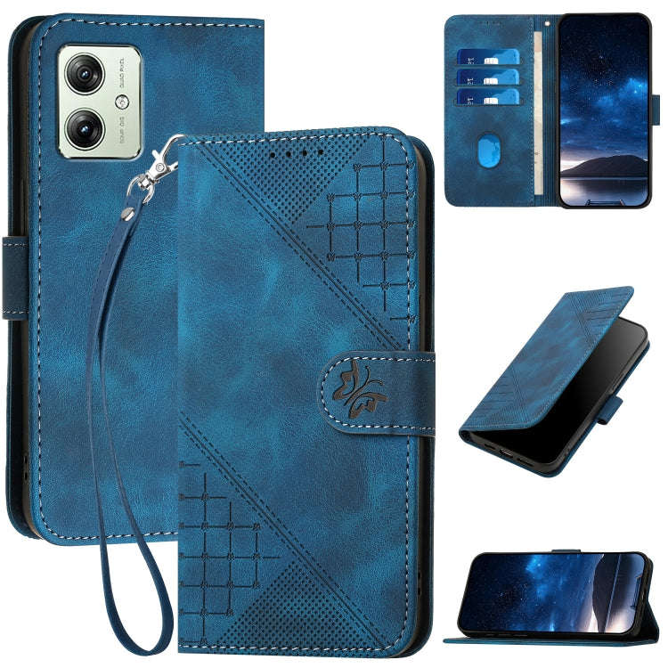 For Motorola Moto G54 Power Grid Butterfly Embossed Pattern Leather Phone Case with Lanyard(Dark ...