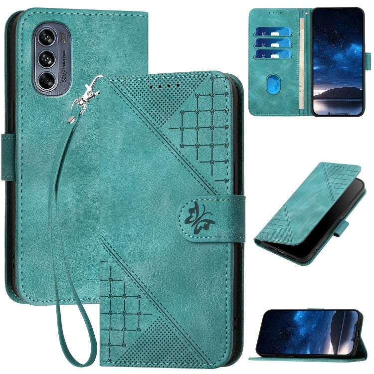 For Motorola Moto G62 5G Grid Butterfly Embossed Pattern Leather Phone Case with Lanyard(Light Blue)