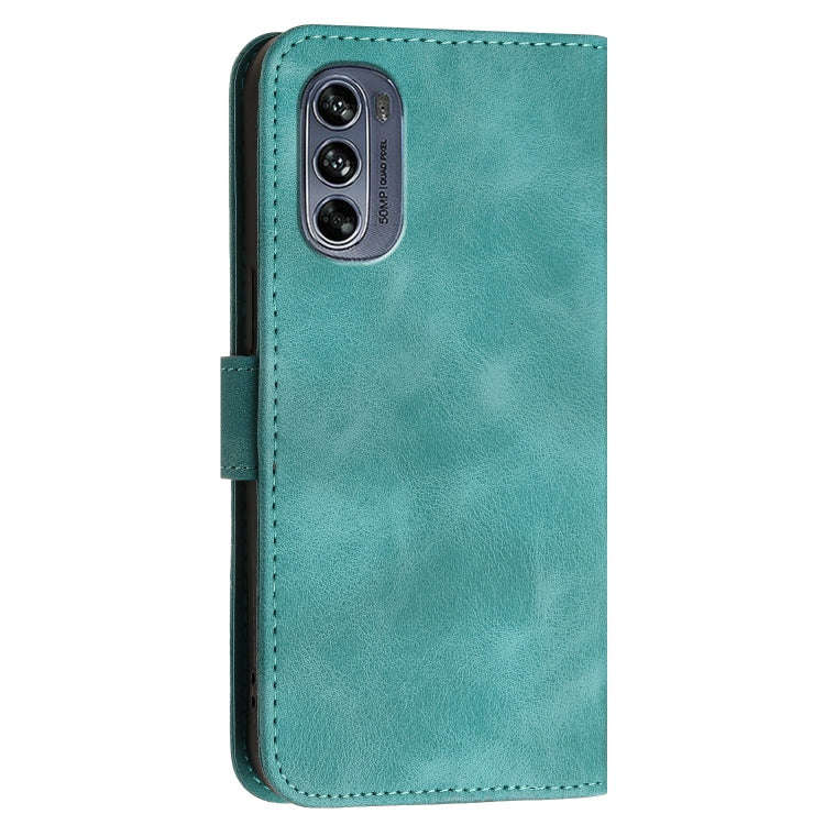 For Motorola Moto G62 5G Grid Butterfly Embossed Pattern Leather Phone Case with Lanyard(Light Blue)