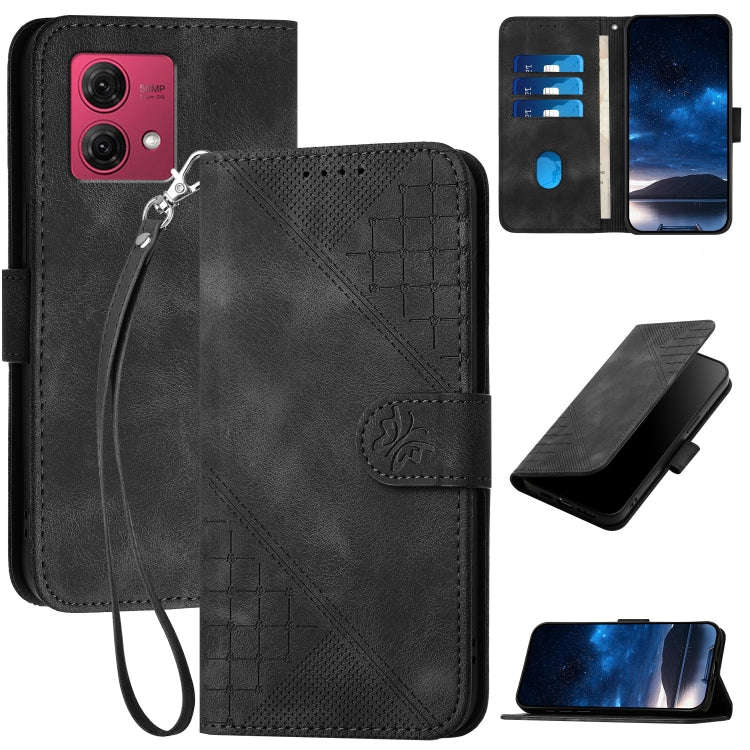 For Motorola Moto G84 5G Grid Butterfly Embossed Pattern Leather Phone Case with Lanyard(Black)