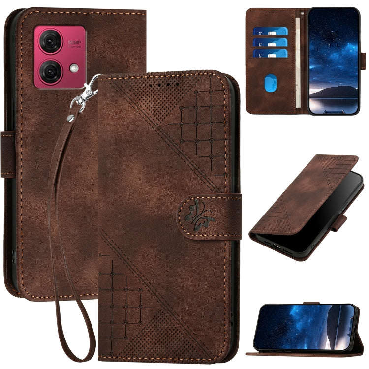 For Motorola Moto G84 5G Grid Butterfly Embossed Pattern Leather Phone Case with Lanyard(Coffee)