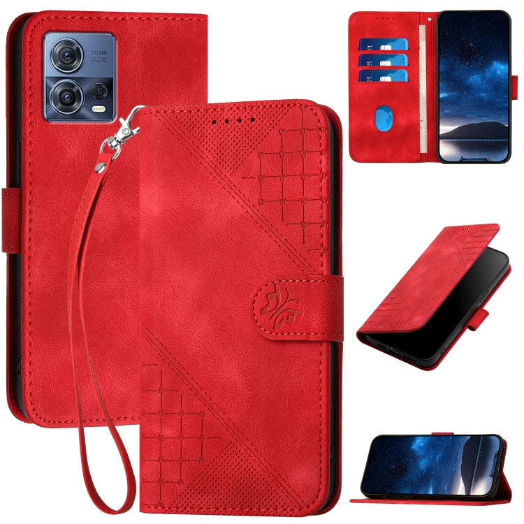 For Motorola Edge 30 Fusion 5G Grid Butterfly Embossed Pattern Leather Phone Case with Lanyard(Red)